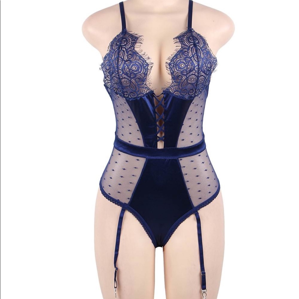 Navy Lace and Satin Gartered Teddy